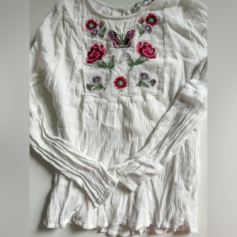 Abercrombie Kids Floral Embroidered White Top